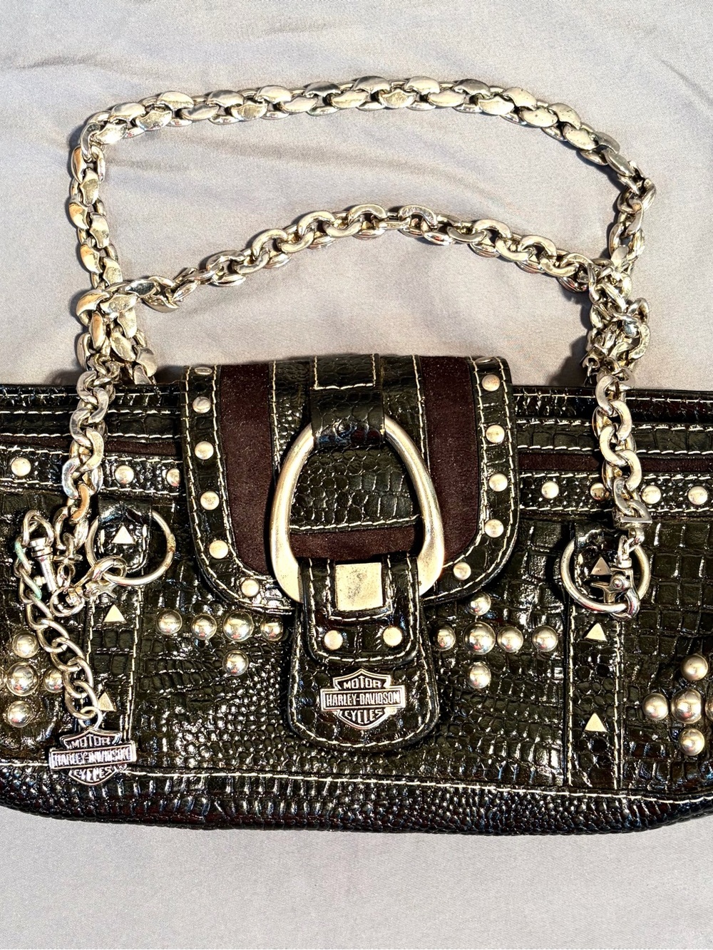 Harley-Davidson Black Croc-Embossed Studded Shoulder Bag with Silver Chain
